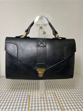 Madewell Black Leather Flap Closure Mini Tote with Brass-tone Hardware